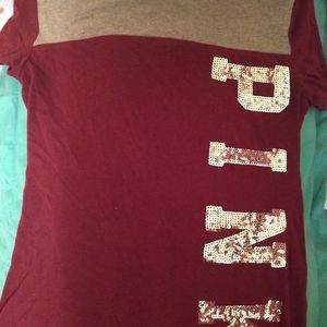 Pink tee shirt. Maroon shirt with silver sequins.